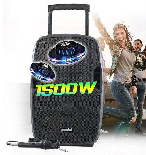 Enceinte Active Bluetooth 1500W, Gemini AS-12TOGO sur Batterie Sono DJ PA 12 Pouces, USB SD Radio FM, Microphone Karaoké, Ovni