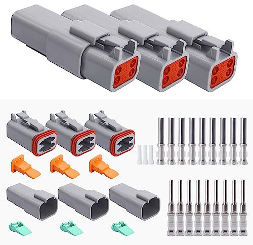 HISports DT Connector Kit 4 Pin Way Sealed Male and Female Auto Waterproof Electrical Wire Connector Plug Automotive DT Electrical Wire Connector for Motorcycle, Truck, Car, Boats, Scooter (3 Set)