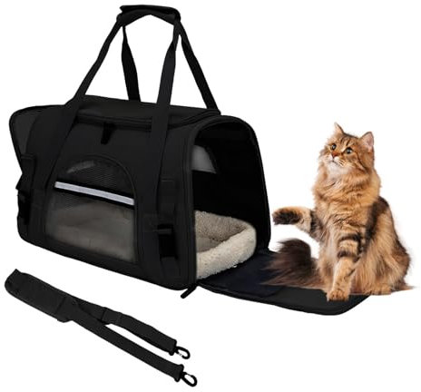 ZSMJAER Transporttasche für Haustiere+ Fleecematte, Transporttasche für Katzen und Kleinere Hunde bis 10 kg, Katzentransport-Tasche, Tasche für Welpen, Reisetasche für Auto, Flieger und Zug (Schwarz)