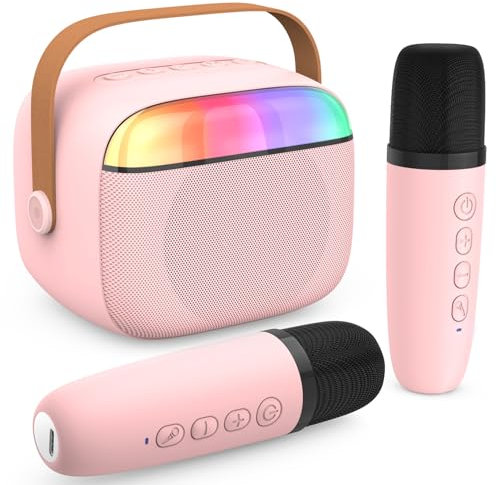 PKBD Kids Karaoke Machine,Portable Bluetooth Speaker with 2 Wireless Microphones/LED Light/Voice Changing Effects,Gifts for Age 3-18 Kids Boys Girls Families Birthday Party,Pink