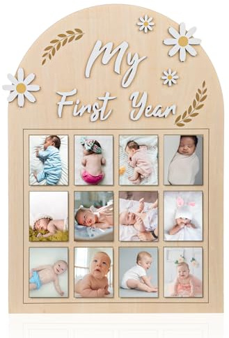 NQEUEPN Cornice per Foto Mio Primo Anno, Fiore Margherita 3D Espositore per Foto Primo Anno di Bambino Banner Fotografico Mensile su Tavola Legno 12 Mesi Regalo per Neonato Ricordi Primo Compleanno