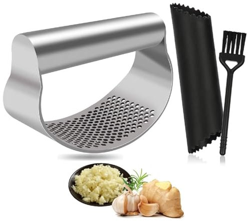 Stainless Steel Garlic Press Rocker,Prensa Ajos Inoxidable,Picador de Ajo Cocina,Garlic Press Manual,con Pela Ajos y Cepillo Prensador Triturador Cortador de Acero Inoxidable Machacador de Ajo