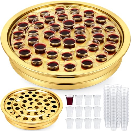 Zhehao 1 bandeja de comunión para iglesias, juego de suministros de iglesia, platos para iglesia con vasos desechables (dorado)