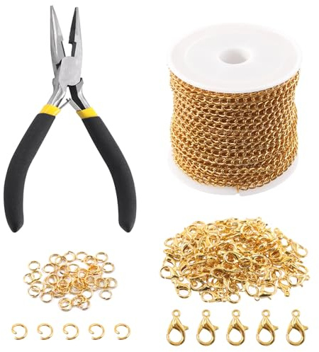 Keadic 102Pcs 30 Feet Jewelry Making Chains Kit W 3mm Metal Necklace Twisted Links Chain, Lobster Clasps, Open Jump Rings and Jewelry Pliers for Bracelet Earring Anklet DIY (Gold)