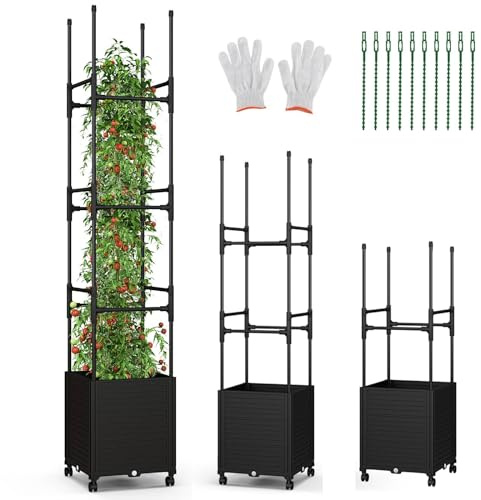 TANGZON Raised Garden Bed Planter Box with Trellis, Self-Watering Tomato Planter Box with 3 Heights & PE-Coated Metal Tubes, Indoor Outdoor Rolling Planter Tower with Wheels for Climbing Plants