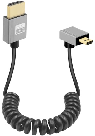 GELRHONR Cable Micro HDTV a HDTV en Espiral, 90 Grados, 18Gbps, Compatible con 4K@60Hz y 3D, para Cámaras y Tarjetas de Captura (Up Angle)
