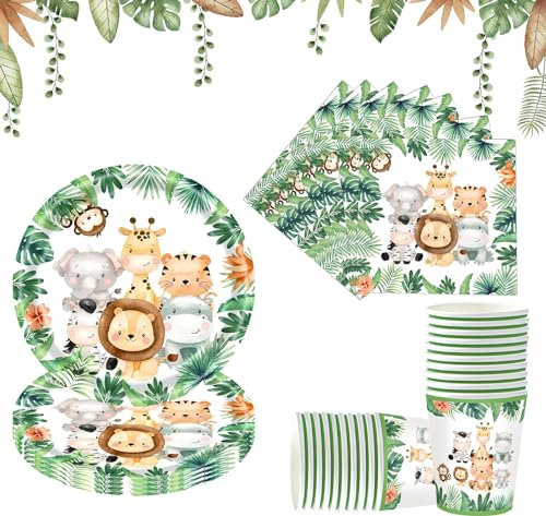 Piatti Animali Giungla, Stoviglie per Feste a Tema Jungle Safari per 20 Ospiti, Set da Tavola per Feste Jungle, Piatti Safari Compleanno, Decorazioni di Animali Compleanno per Baby Shower