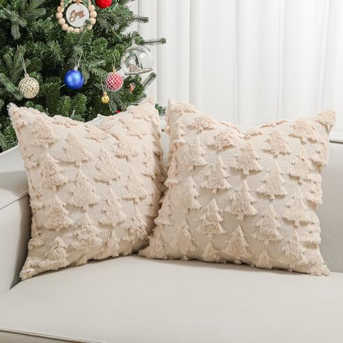 Lewondr Federa per Cuscino Natalizia, 3D Albero, 45x45cm, 2PCS, Avena