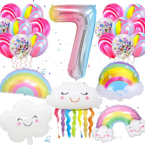 Geburtstags Deko Mädchen 7 Jahre - 21 Stück Regenbogen Deko 7 Jahre Geburtstag Ballons, Regenbogen Folienballons, Farbverlauf Ballon Nr. 7, Lächelnde Quasten Ballon, Für Mädchen 7.Geburtstag Party