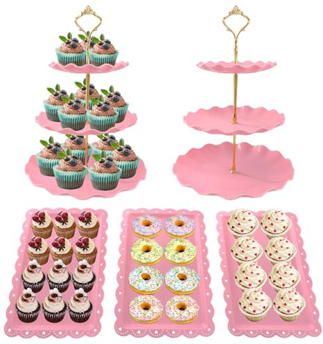 NAXIHOPT 5 Pcs Dessert Table Display Set, Pink Plastic 2 Pcs Round 3 Tier Cupcake Stand Cup Cake Tower Stand with Metal Rod & 3 Pcs Serving Tray for Baby Shower, Tea Party, Wedding, Birthday Party