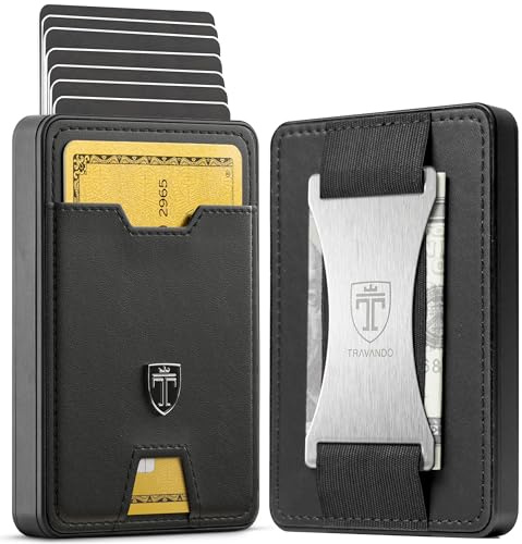 TRAVANDO SWYPE Echtleder Aluminium Pop-Up Wallet für 8-9 Karten - Geldbörse für Herren mit RFID Schutz - Geldbeutel mit Geldklammer - Kartenetui mit Geldspange - inklusive Geschenkbox