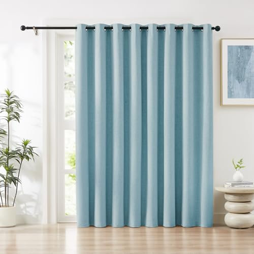 Melodieux Sky Blue Linen Blackout Curtain for Patio Sliding Door, Extra Wide Bedroom Living Room Divider Curtain Thermal Insulated Lined Grommet Drape Farmhouse Burlap Textured, 100x84 inch, 1 Panel