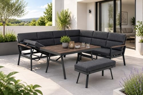 Gardissimo Nara Oak Rechts Dining Eck Lounge Set, Anthrazit | Ecksofa, Esstisch, Bank & Kissen, Wetterfest bis 9 Personen, Bezüge Waschbar, Aluminium Sitzgruppe, Gartenmöbel Set