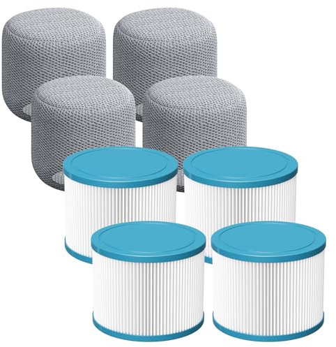 Beckacher Filtre de jacuzzi compatible avec tous les filtres RELXTIME pour jacuzzi, piscine, spa, cartouches filtrantes pour filtration de jacuzzi gonflables, 4 filtres + 4 couvercles de filtre