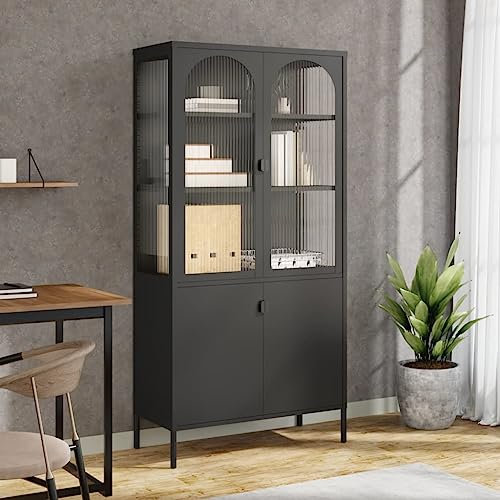 SDWEHO7 Metall Vitrinenschrank mit Glastüren & Stauraum, Glasvitrine Schrank Aufbewahrungsschrank Bücherschrank Standvitrine für Wohnzimmer Büro, Schwarz 90x40x180 cm