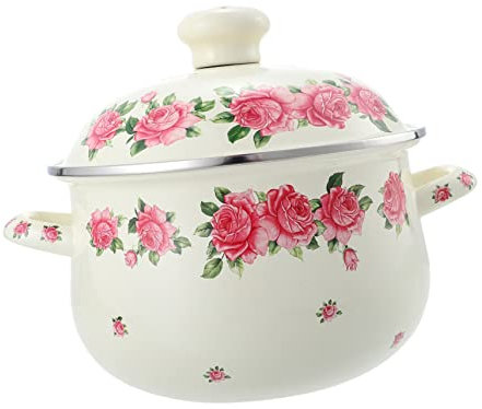 BEBEMOKO Enamel Soup Pot 20cm Lid Vintage Double Handle Pink Rose Decorative Stew Pot Porcelain Enameled Cookware Suitable for Stovetop Cooking