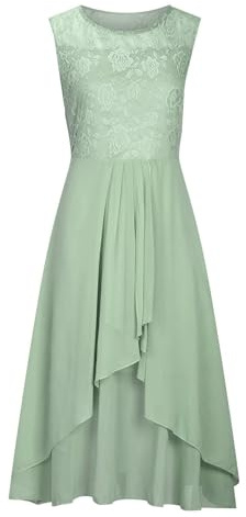 Chiffonkleid Damen Elegant Cocktailkleid Abendkleid Ärmellos Ballkleider mit Spitzen A Linie für Hochzeit Kurz Vokuhila Kleid Grün L