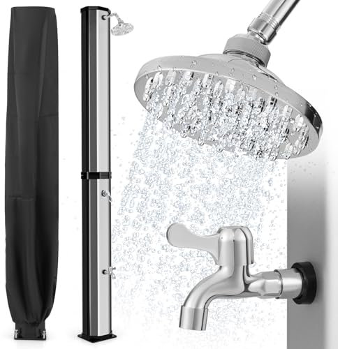 RELAX4LIFE Solardusche 60 L, Gartendusche Wassertemperatur bis zu 60°C, Pooldusche mit Regenduschkopf & Wasserhahn, Außendusche mit Schutzhaube, Regendusche für Garten, Pool (Schwarz + Silber)
