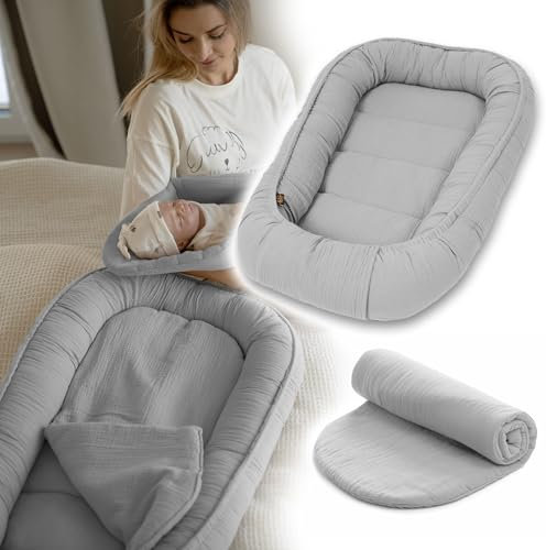 PaLulli® Baby Nestchen 100x60cm – Weiches Musselin-Babynest mit Matratze | Schlafnest, Kokon, Reisebett für Neugeborene | 100% Baumwolle (Grau)