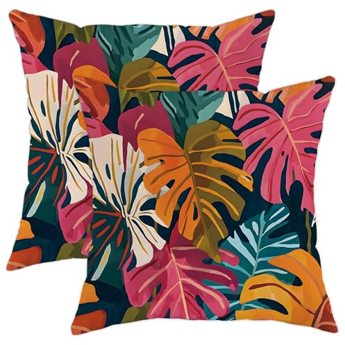 Housses de coussin d'extérieur tropicales imperméables, motif feuille de Monstera multicolore, décoration de vacances d'été, terrasse, jardin, tente, canapé, banc, chaise, 40,6 x 40,6 cm