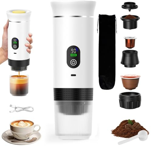 VHV 3 in 1 Portable Coffee Maker, Rechargeable Portable Travel Coffee Maker, 12 V Espresso Coffee Machine for Capsule, Ground Coffee, for Camping, Office, Travel, Home, Car (White)