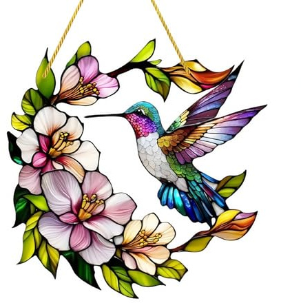 Sun Catchers for Windows,Garden Suncatcher Birds Ornaments,Sun Catcher Acrylic,Multicolor Glass Birds on Branches Stained,Suncatchers Flowers and Bird,Sun Catchers for Windows,Sun Catcher Kit