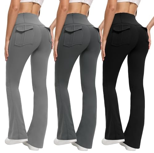 XIGEOU 3 Pcs Flared Leggings Women - Yoga Leggings Women with Packets, High Waisted Flared Stretchy Workout Trousers, Bootcut Gym Yoga Pants Multicoloured
