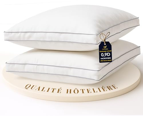 Edenore Oreiller 50x70 Lot de 2 - Oreiller rectangulaire | Microfibre 0,9D Effet Duvet | Housse 100% Coton | Soutien Durable et Confort Moelleux | Confort hôtel 5 étoiles