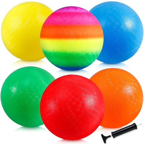 PIEMEET 6 Pack Playground Balls, 8.5 inch Dodgeballs for Adults, Dodge Kick Ball with Hand Pump, Kickball Handball Dodgeball for Indoor Outdoor Yard Games(Orange, Red, Yellow, Blue, Rainbow, Green)