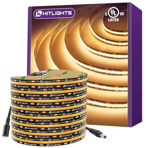 HitLights COB LED Strip Lights Warm White 2700K, 16.4ft Premium 12V Tape Light High Density, 2400 LEDs, 305+ LM/FT, CRI 90+, IP30, Lighting for Kitchen, Cabinets, UL Listed (Power Source Not Included)