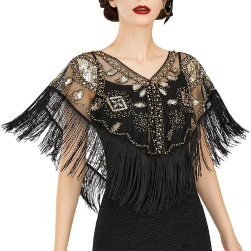BEAMARKER Damen 1920s Schal Wickel Schwarz Pailletten Perlen Flapper Abendschals Elegant Kurz elet Umhang Cover Up Wraps Shrug Für Formelle Abendkleider Party Hochzeit Braut Brautjungfer e