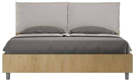 BS COM Letto matrimoniale contenitore doppia alzata 160x190 Quercia cuscini similpelle tortora