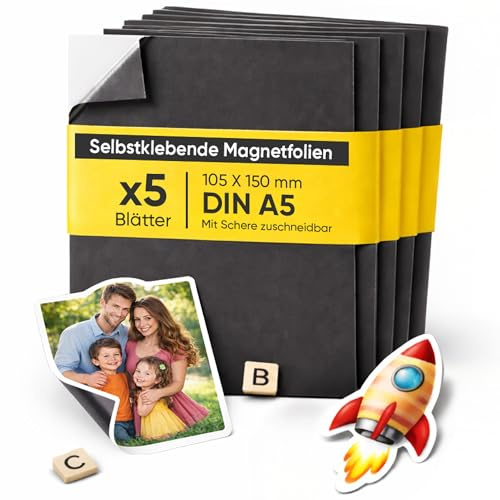 PREVIS Lámina Magnética Autoadhesiva DIN A5 (210 x 148 mm) – Hojas Imantadas Adhesivas para Fotos, Manualidades y Carteles – Película Magnética para Hogar, Escuela y Oficina (Pack 5 Unidades)
