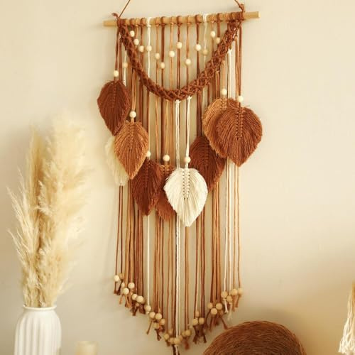 DIYCUT Handgewebt Wandteppich Boho, Blattdekoration Wandteppich | Bohème-Stil Wandbehang, Geeignet für Schlafzimmer, Wohnzimmer, Arbeitszimmer Usw – Braun