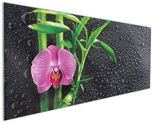 Wallario Küchenrückwand aus Glas 125 x 50 cm, Motiv: Bambus und Pinke Orchidee auf schwarzem Glas mit Regentropfen | Spritzschutz abwischbar & pflegeleicht