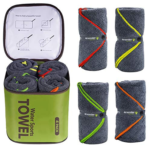 4Monster 4 Pack Microfiber Camping Towel Quick Dry, Super Absorbent Travel Towel with Waterproof Bag, Lightweight Boat Towel for RV, Sport, Gym, Beach, Pool, Swim,Family Trip
