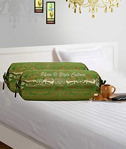 Stylo Culture etnisk dekorativ soffkudde stöd kuddöverdrag olivgrön guld elefant jacquard siden rund meditationskudde blommig cylindrisk brokad kuddfodral – (76 x 38 cm) | Set med 2 st