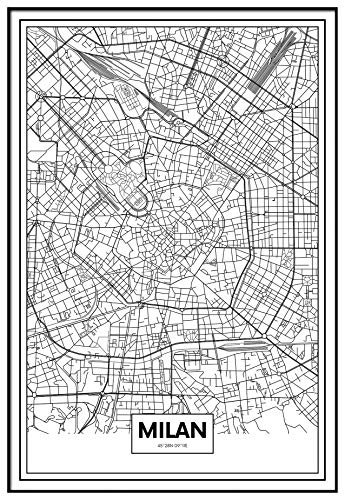 Panorama Cuadro Enmarcado Mapa de Ciudad Milán 70x100cm - Impreso en Papel Rígido - Incluye Marco - Decoración Salón - Póster Decorativos para Dormitorio y Salón