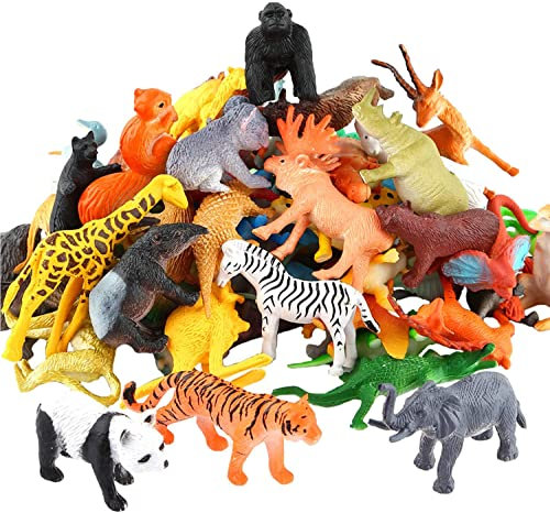 54 Piece Mini Jungle Animals Toys Set Age 3+,Realistic Wild Animals Figure,Vinyl Pastic Animal Party Favors Toys For Boys Kids Toddlers Forest Small Farm Animals Toys Playset