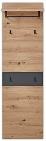 Stella Trading MEMPHIS Garderobenpaneel in Artisan Eiche Optik, Graphit - Moderne Hutablage & zuverlässige Wandhaken für Jacken & Taschen - 50 x 170 x 30 cm (B/H/T)