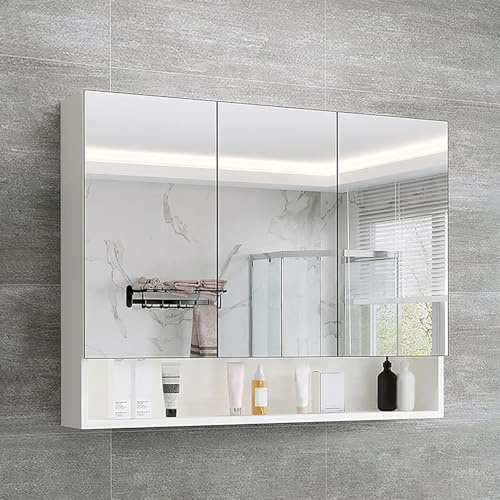 CLIPOP Spiegelschrank 3 Türen, verstellbare Böden, offenes Regal,weiß | Wandmontage, MDF, 70×15x63 cm, für Badezimmer, modernes Design, viel Stauraum,Möbel