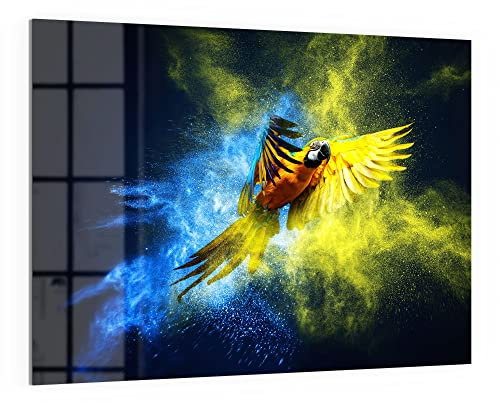 DEQORI Glas-Magnettafel | 120x90 cm groß | Motiv Papagei in Farbwolke | Memo-Board aus Glas | Magnetboard inkl. Magnete, Stift & Tuch für Küche & Büro | Tafel magnetisch & beschreibbar