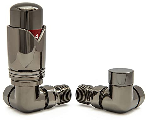 Hot Flow Black Nickel Marella 3 Modern Thermostatic Radiator Valve Corner TRV. Includes Corner TRV Body, Wheel Head & Lock Shield for Quick & Easy Temperature Control.