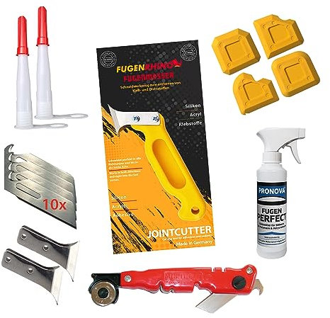 Fugenrhino® Silikonentferner Set für einfache und professionelle Silikonentfernung und -erneuerung von Acryl- & Silikonfugen - Enthält Fugenmesser, Fugenglätter, Ersatzklingen (22-Teilig)