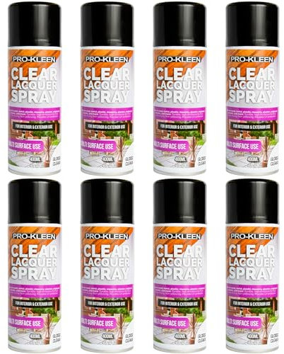 Pro-Kleen Clear Lacquer Spray - Protects and Seals - for Metal, Wood, Plastics & Ceramics - Fast Drying Formula for Interior and Exterior Surfaces - Clear, Durable & Flexible - (Gloss, 8 x 400ml)