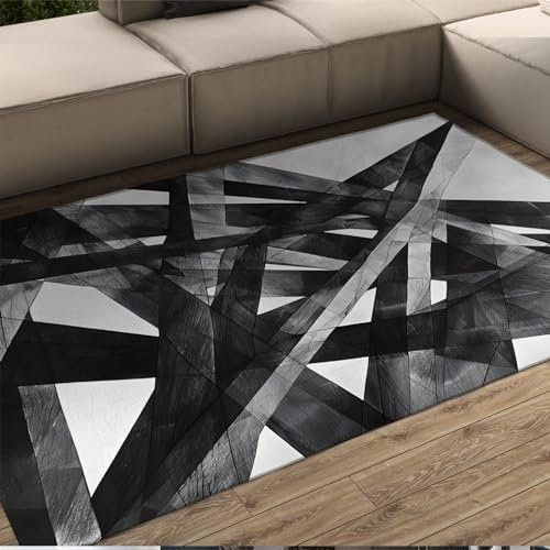 LANDERSION Schwarz-Weiß-Teppich Moderner Abstrakter Geometrie-Bodenteppich für Büroeingang 3D-Gebäude Zeitgenössische weiche Bequeme Schlafzimmerteppiche 100x150cm