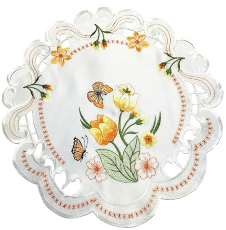 Orange Tulpen und Schmetterlinge Tischläufer Tischdecke Mitteldecke Deckchen gestickt (ca. 40 rund)