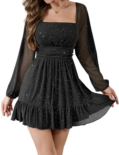 Bridesmay Glitter Sequin Black Cocktail Dresses UK for Women Wedding Guest,Square Neck Mesh Long Sleeve Short Homecoming Dress (Black,L)
