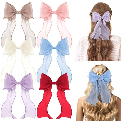 Tyqour 6 Pcs Chiffon Hair Bows for Women, Bow Hair Clips, Bright Colors Hair Ribbon, Big Hair Bow Clips, Cute Long Tail Hair Bows for Girls, Hairstyle Accessories Gifts