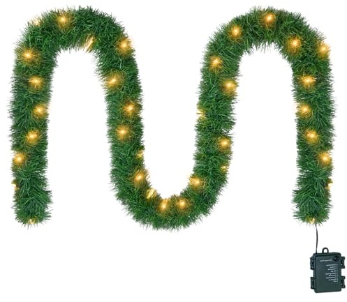 WEMADE 15.4ft Pre-Lit Christmas Garland with Lights – 50 LED Lighted Garlands for Christmas Decorations Indoor Outdoor, Battery Operated 8 Modes Memory Timer for Mantel Stair Banister Doorframe Décor